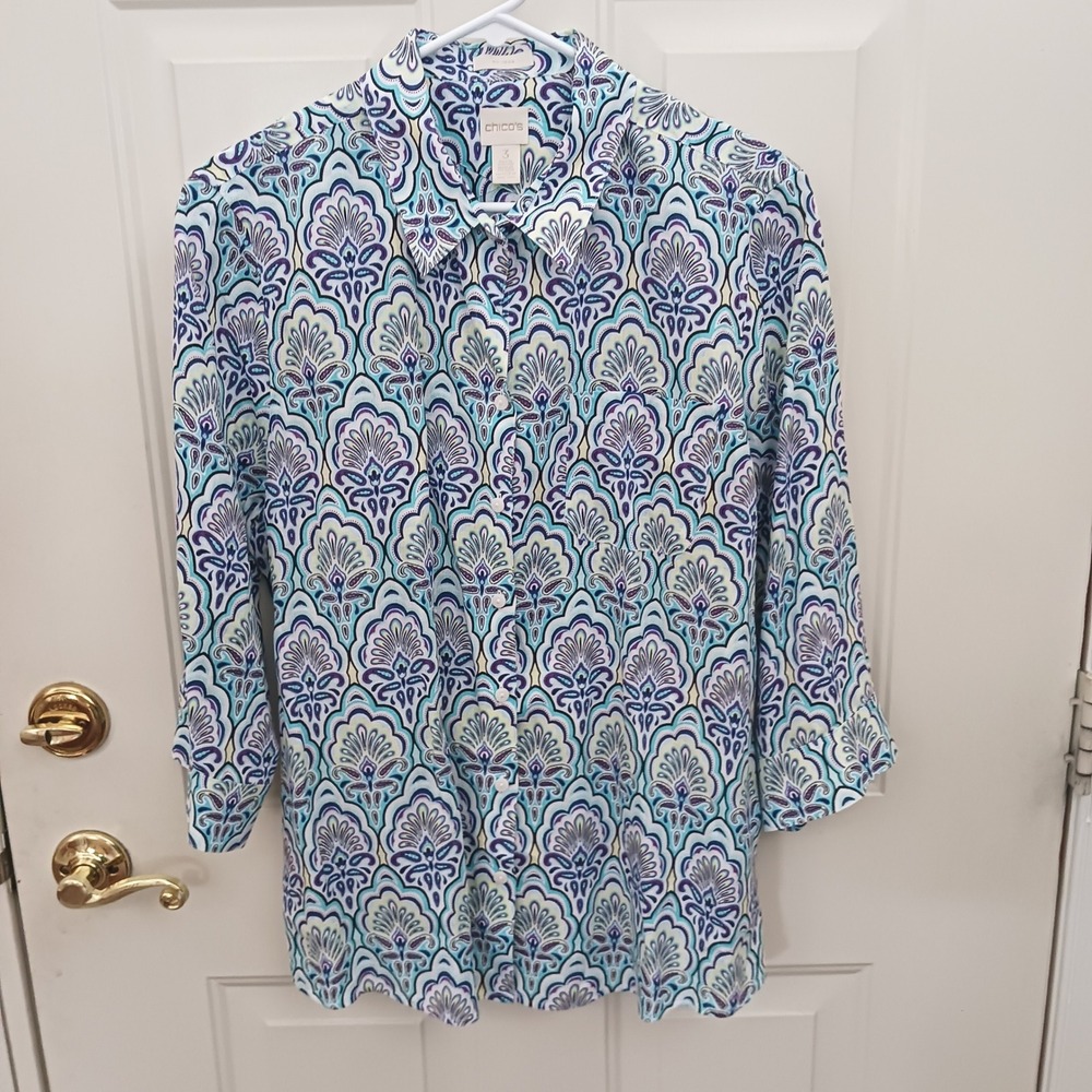 Chicos No-Iron 100% Linen Button Down Shirt Blue Purple Paisley Size 3 - XL